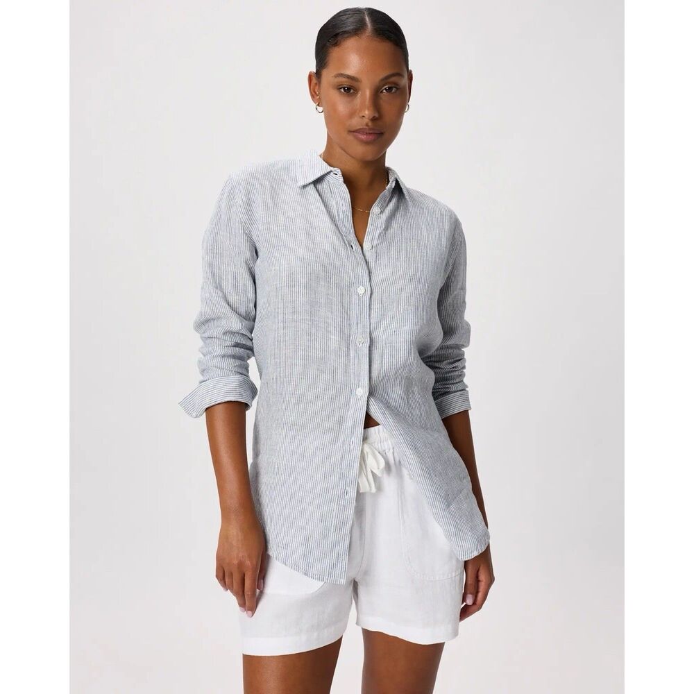 Quince European Linen Long Sleeve Button Down Shirt Blue White Stripe Women L